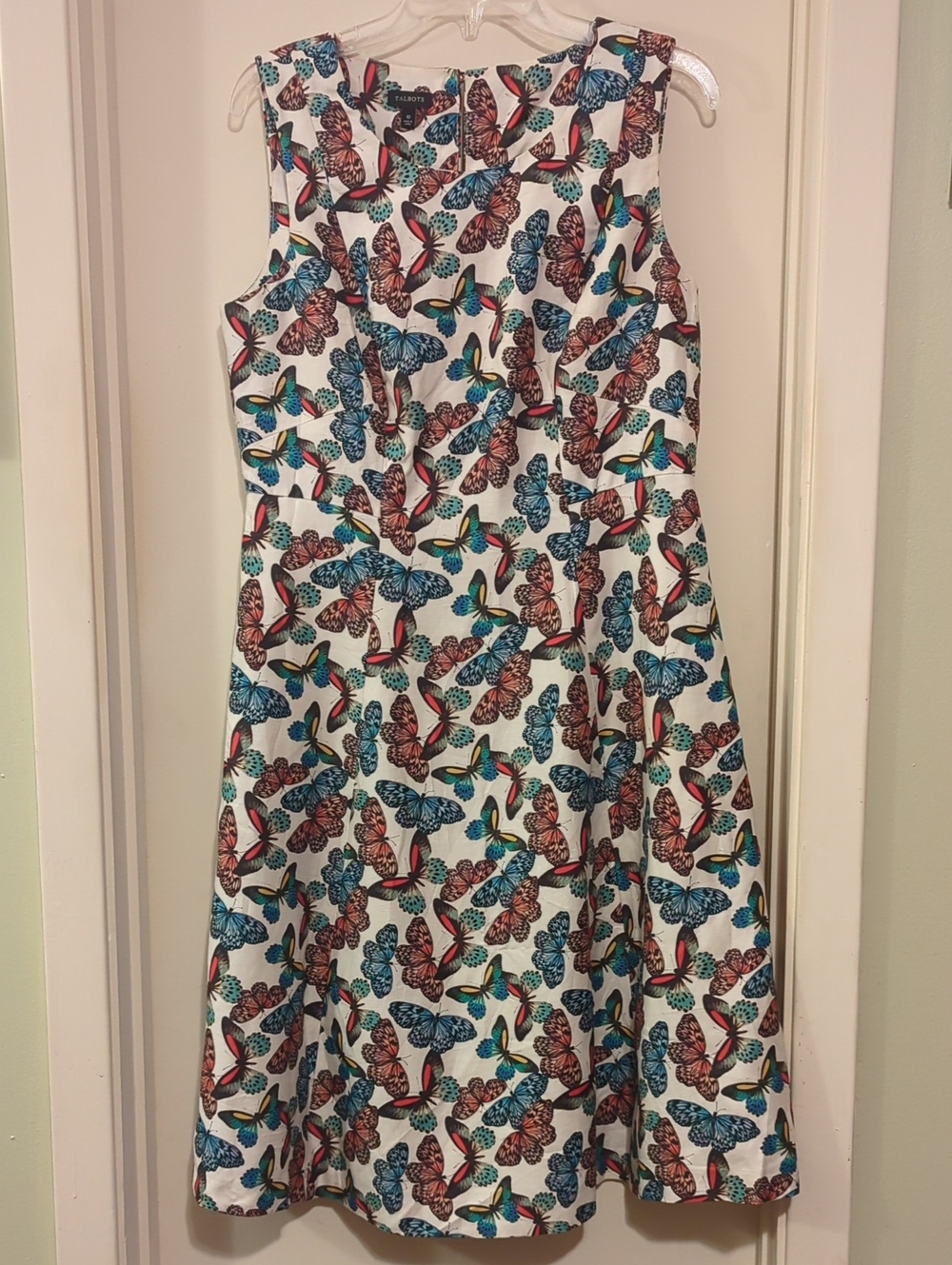 Talbots White Midi Dress with Blue, Red & Teal Butterfly Print